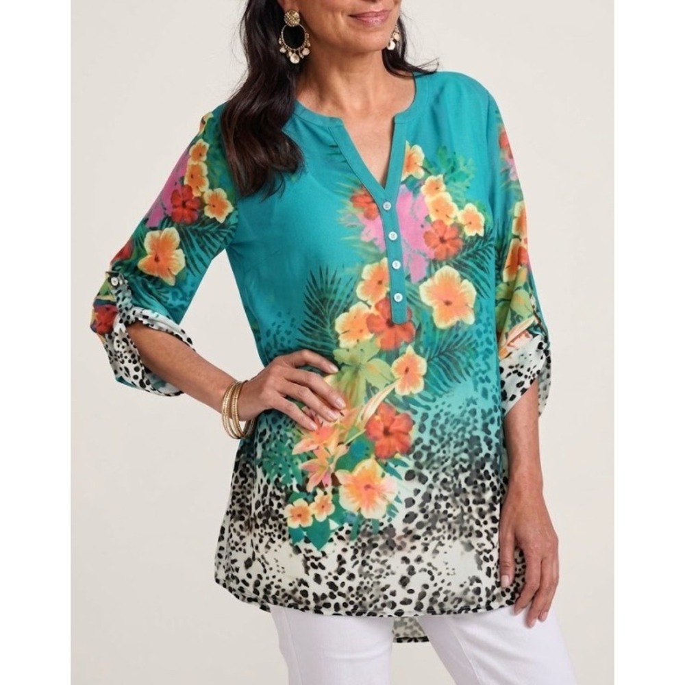 Soft Surroundings Tunic Top Large Teal Floral Leopard Print Feminine Vacation